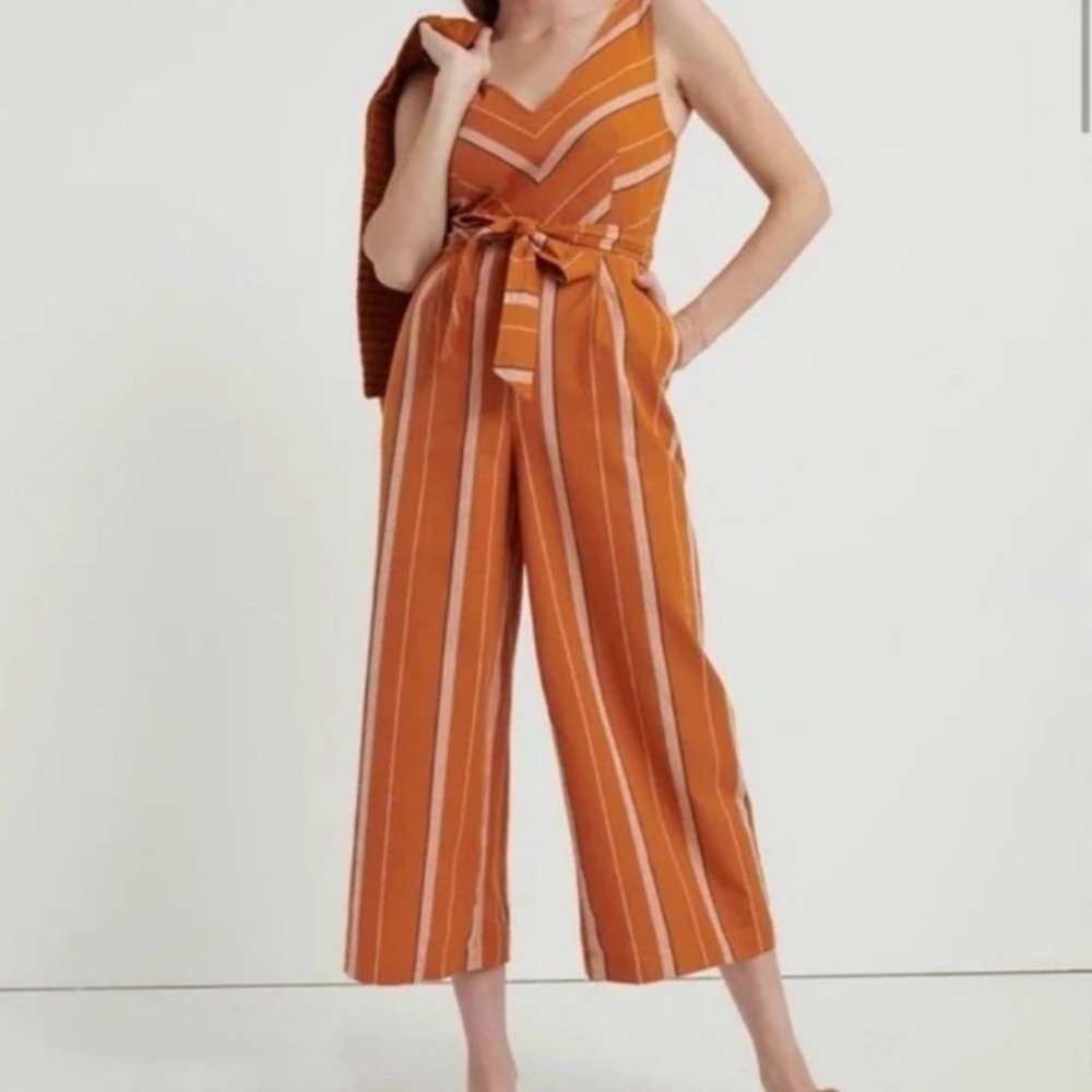 Lucky Brand Orange Striped V‑Neck Jumpsuit